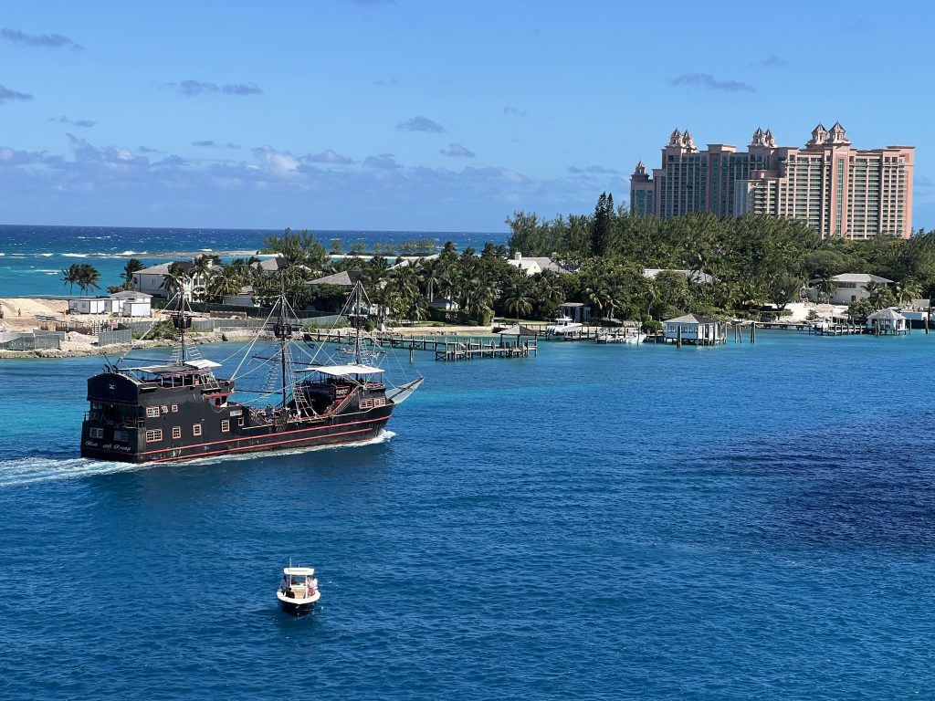 View of pirate ship and Atlantis Resort in Nassau, Bahamas | Celebrity Ascent Review Western Caribbean Itinerary