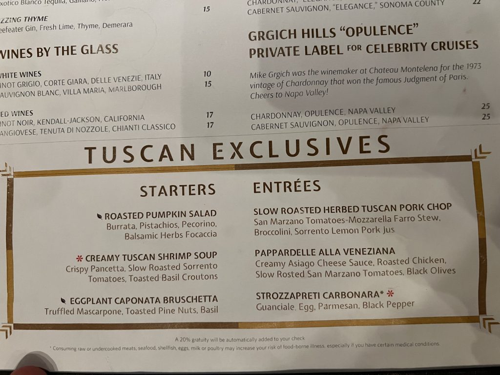 Tuscan Restaurant Menu | Celebrity Ascent Review Eastern Caribbean Itinerary