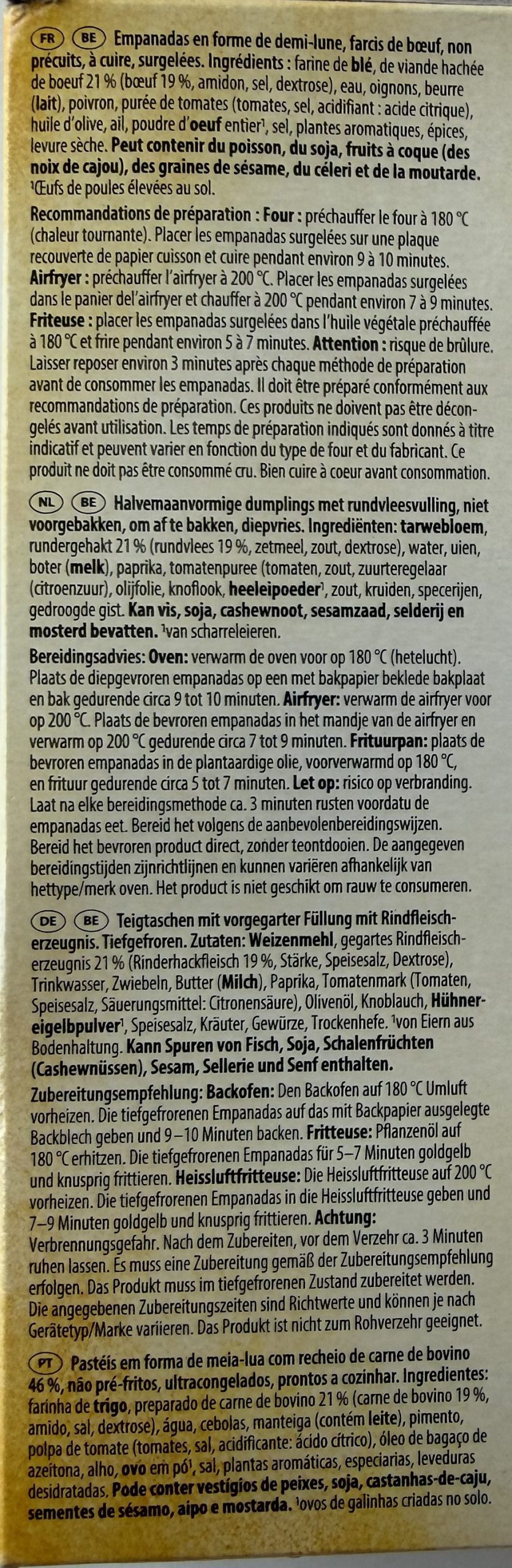 Aldi Tesoros Del Sur Beef Empanadas Review — Ingredients Photo
