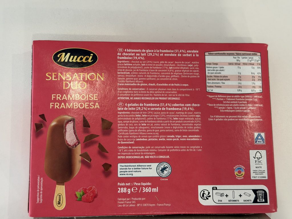 Mucci Sensation Duo Raspberry Ice Cream Bars — Back of Box | Aldi Finds Portugal
