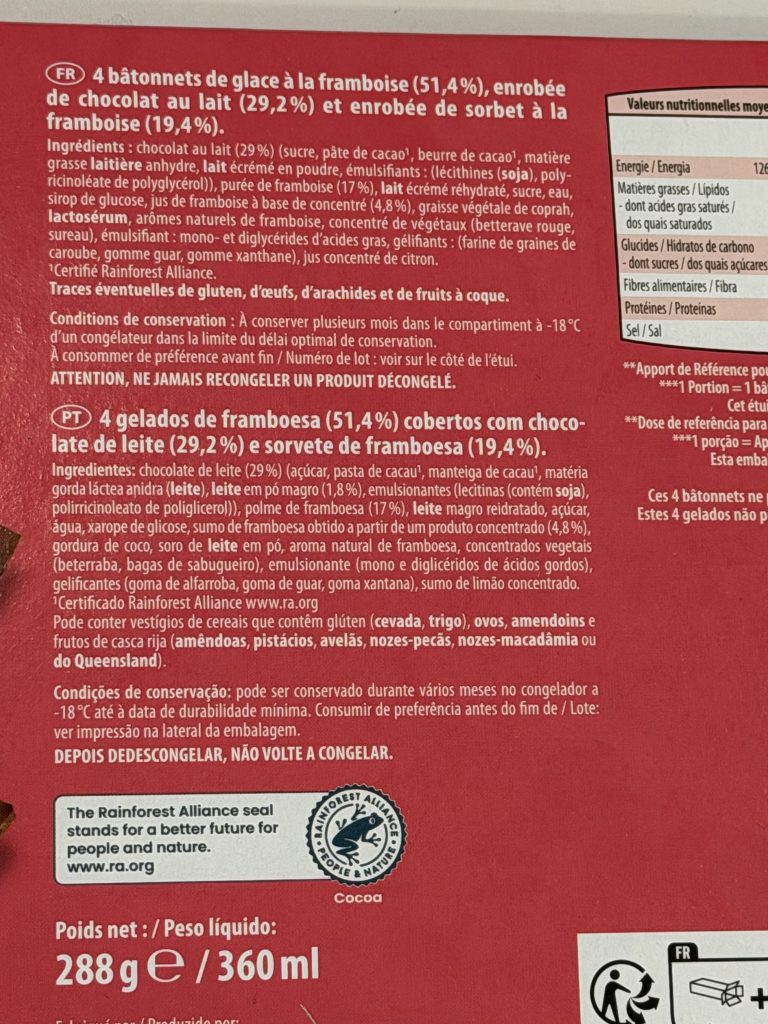 Mucci Sensation Duo Raspberry Ice Cream Bars — Ingredients | Aldi Finds Portugal