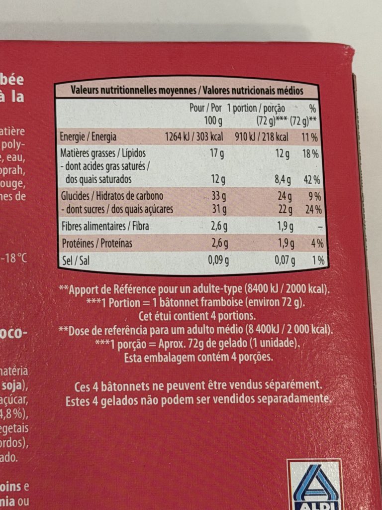 Mucci Sensation Duo Raspberry Ice Cream Bars — Nutrition Facts | Aldi Finds Portugal