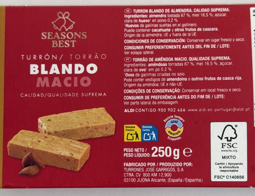 Aldi Seasons Best Turron — Blando Almond Ingredients | Aldi Portugal Review