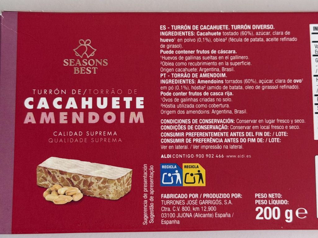 Aldi Seasons Best Turron — Cacahuete Peanut Ingredients | Aldi Portugal Review