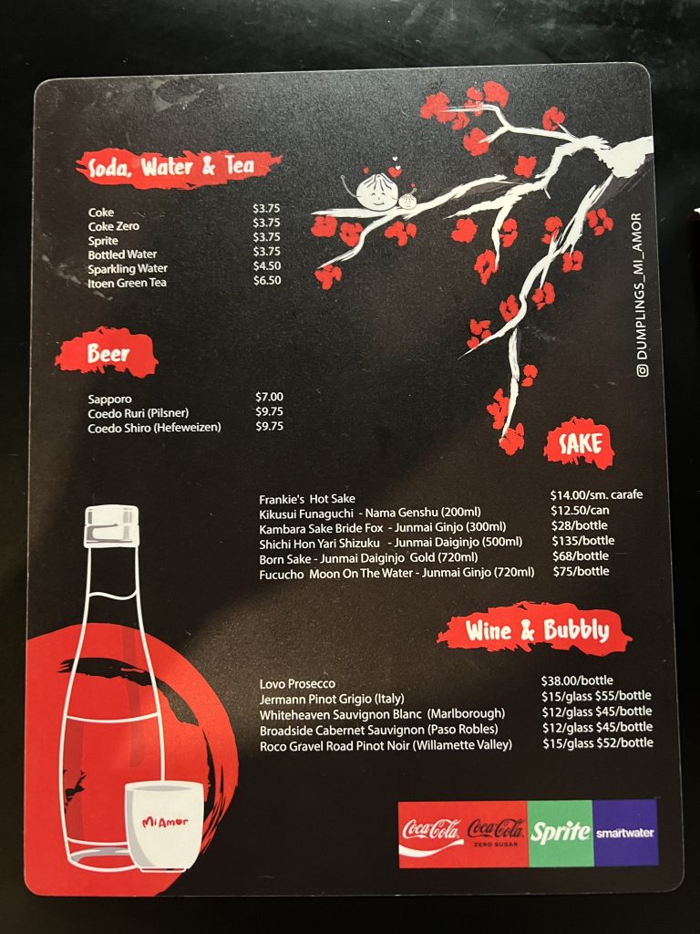 Dumplings Mi Amore Drinks Menu With Prices | Miami Food Blog