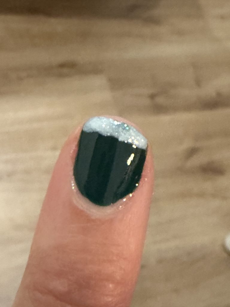 Manucurist World of Wonders Collection Nail Art Ideas Sparkly Snowy White French Tip (Bliss) over Forest Green (Emerald) Polish