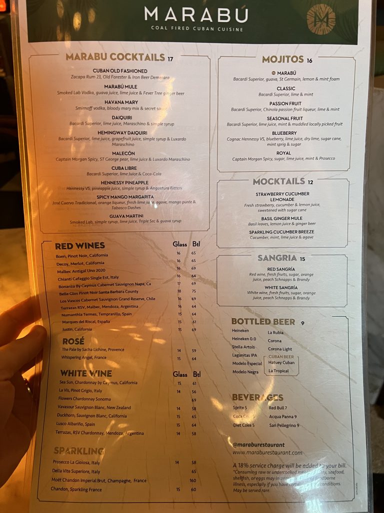 Marabu Miami Review — Drinks Menu with Prices | Miami Happy Hour Cuban Restaurant