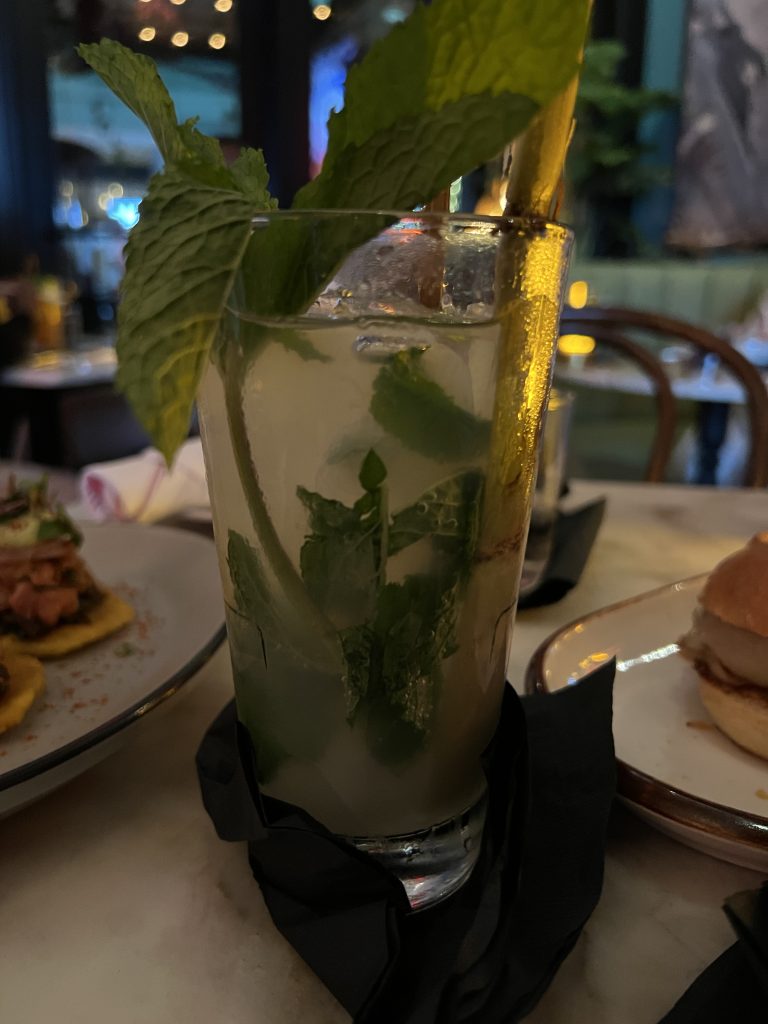 Marabu Miami Review — Classic Cuban Cocktail Original Mojito garnished with fresh mint and sugarcane | Miami Happy Hour Cuban Restaurant