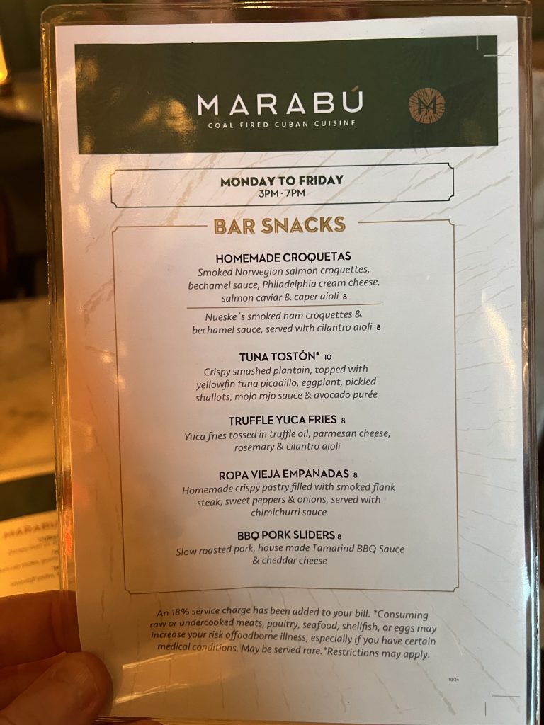 Marabu Miami Review — Happy Hour Bar Snacks Menu with Prices | Miami Happy Hour Cuban Restaurant