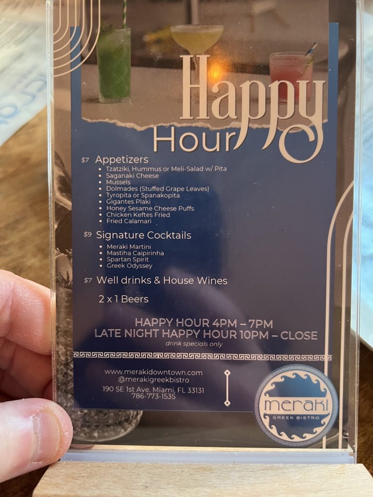 Meraki Greek Bistro Review Photos — happy Hour Drinks and Appetizers Menu with Prices | Miami Restaurant Reviews