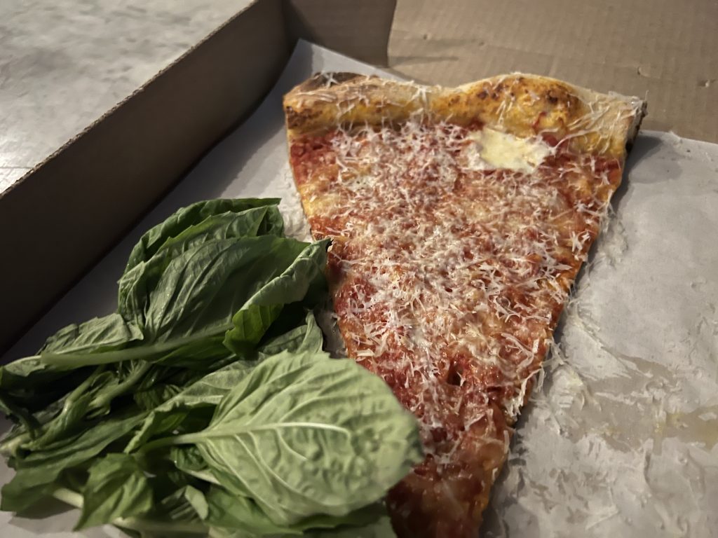 Miami Slice Review Photos — Margherita Pizza Slice with Bunch of Basil Inside Pizza Box | Miami Restaurant Review