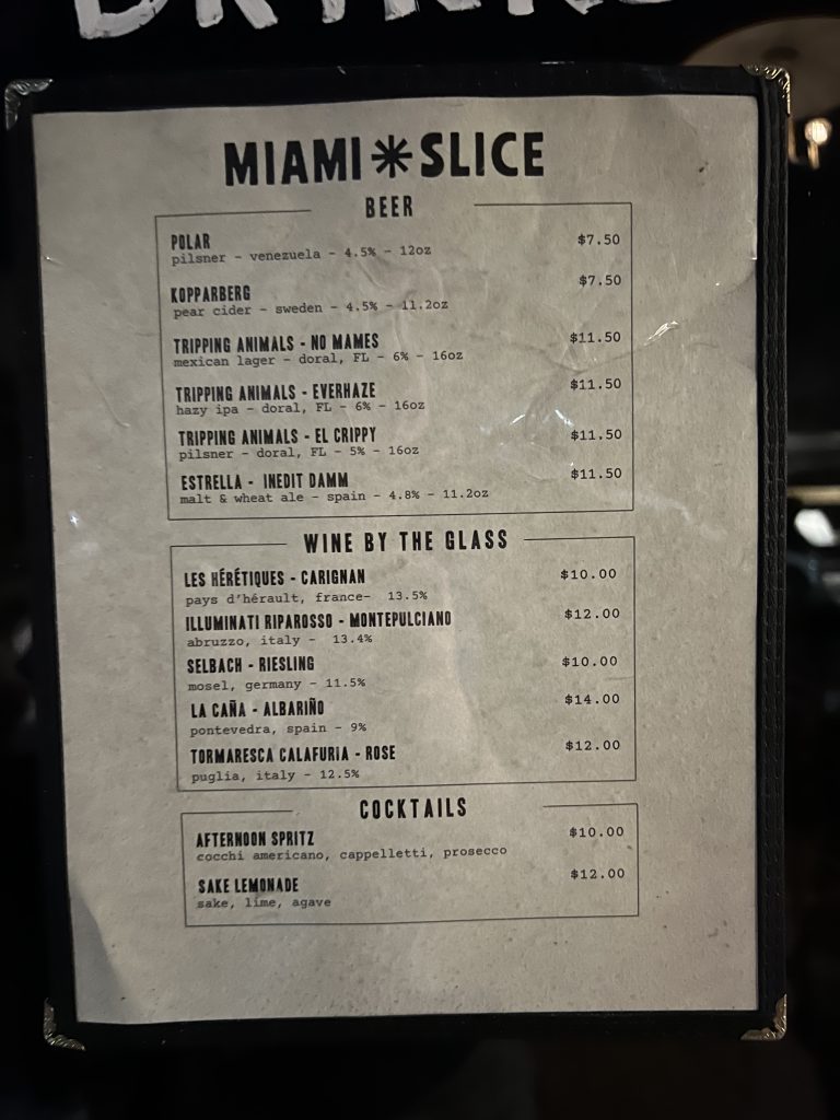 Miami Slice Review Photos — Drink Menu with Prices | Miami Restaurant Review