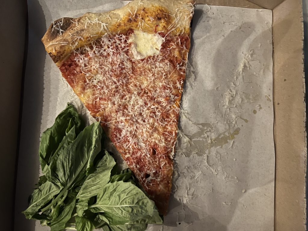 Where to Eat In Miami Before a Cruise — Miami Slice Pizza Review Slice of Margherita Pizzas with a Bunch of Basil 